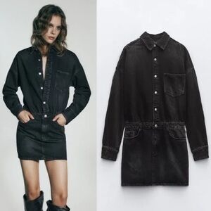 ZARA Denim Button Front Mini Dress • Black • Size L NWOT Blogger Fav